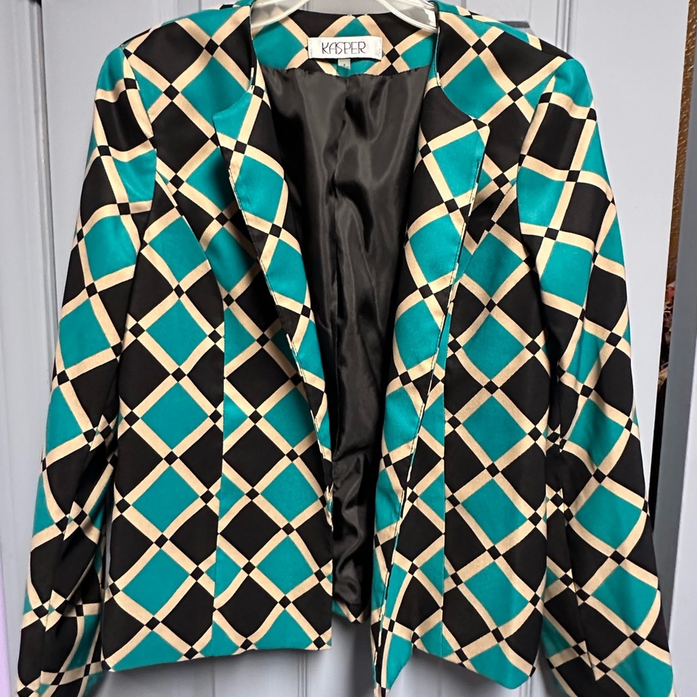 Kasper Women's Turquoise and Black Checkered Blazer